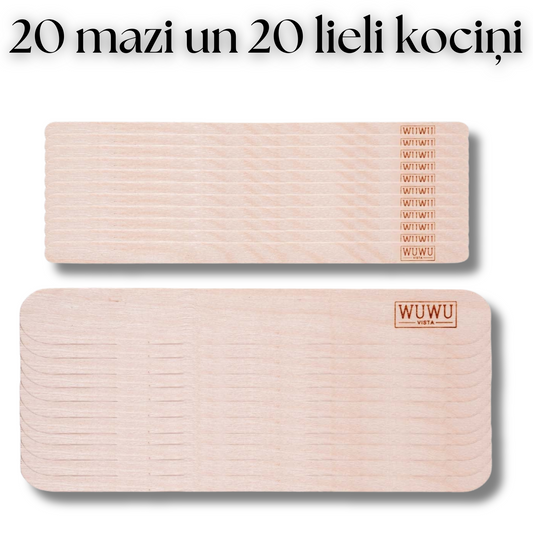 20 lieli vaksācijas kociņi un 20 mazi vaksācijas kociņi visām ķermeņa zonām.