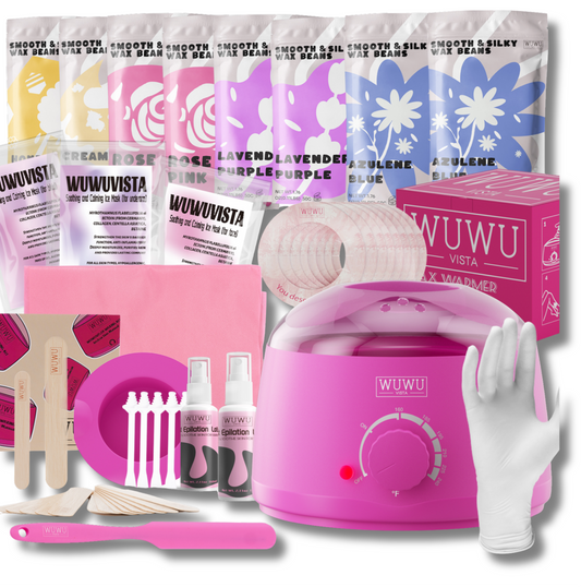 Vaksācijas komplekts COSMOS ar astoņām vaska granulu paciņām, trim ādas maskām, vaska sildītāja aizsargapkaklēm, rozā vaska sildītāju, vaksācijas kociņiem, vaksācijas kociņiem degunam, pēc vaksācijas krēmam, vaksācijas lāpstiņu.