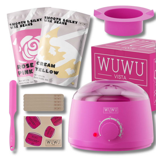 Vaksācijas komplekts ELEVATE ar divām vaska granulu paciņām, rozā vaska sildītāju, vaksācijas kociņiem, vaksācijas lāpstiņu un silikona bļodu.