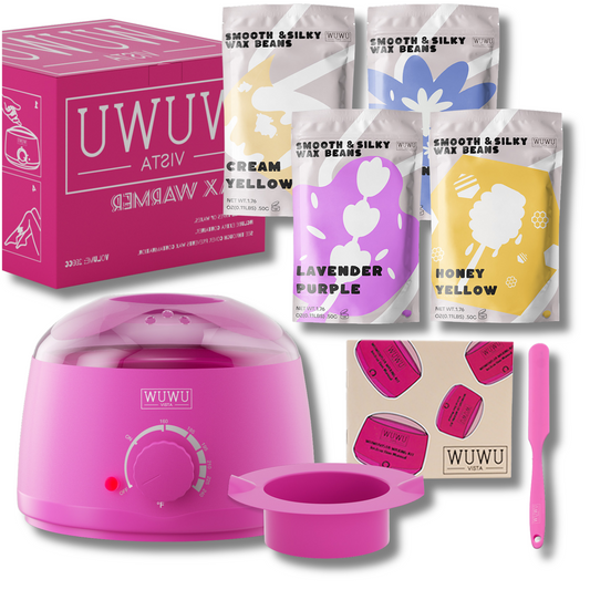 Vaksācijas komplekts ESSENTIAL ar četrām vaska granulu paciņām, rozā vaska sildītāju, vaksācijas lāpstiņu un silikona bļodu.