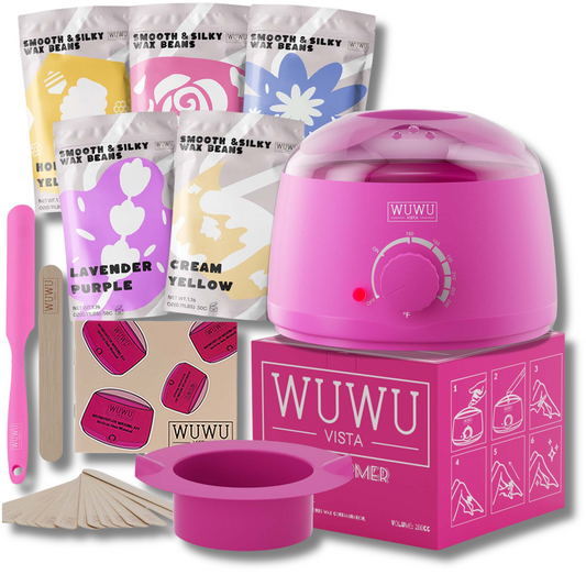 Vaksācijas komplekts PRIME ar piecām vaska granulu paciņām, rozā vaska sildītāju, vaksācijas kociņiem, vaksācijas lāpstiņu un silikona bļodu.