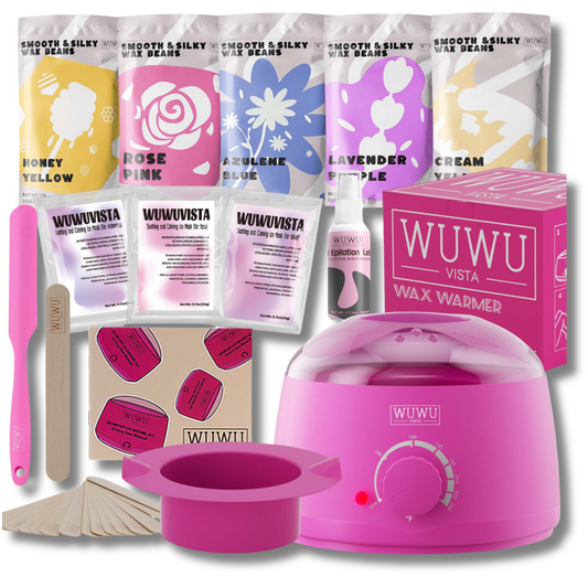 Vaksācijas komplekts ULTRA ar piecām vaska granulu paciņām, trim ādas maskām, rozā vaska sildītāju, vaksācijas kociņiem, vaksācijas kociņiem degunam, pēc vaksācijas krēmu, vaksācijas lāpstiņu.