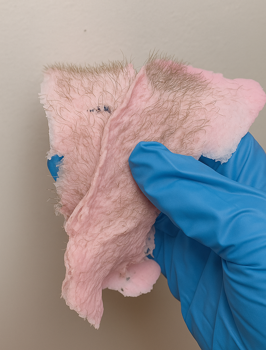 Rozā vaksācijas vasks ar izrautām matu šķiedrām pēc vaksācijas.