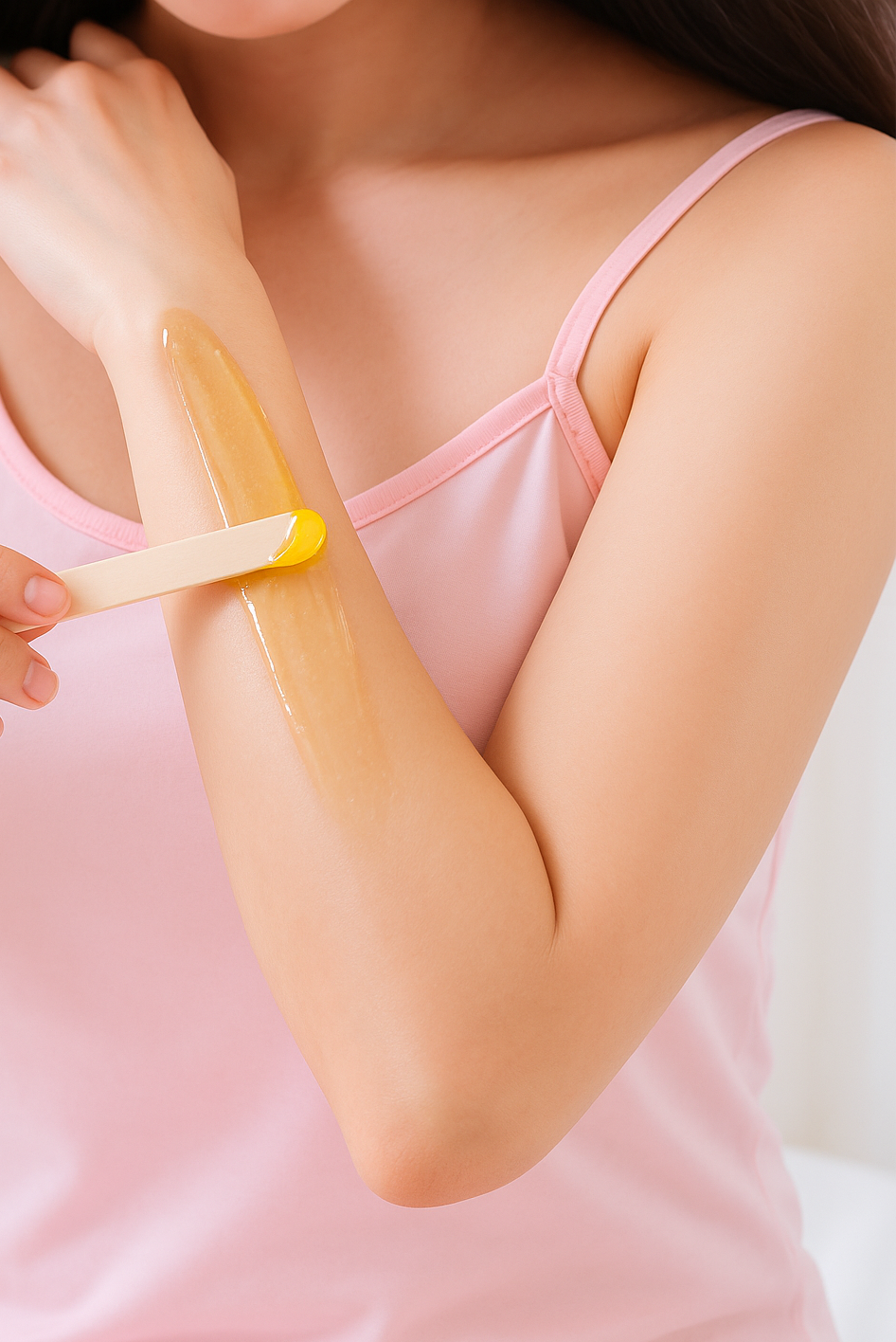 Sieviete ar kociņu uzklāj vaksācijas vasku uz rokas.