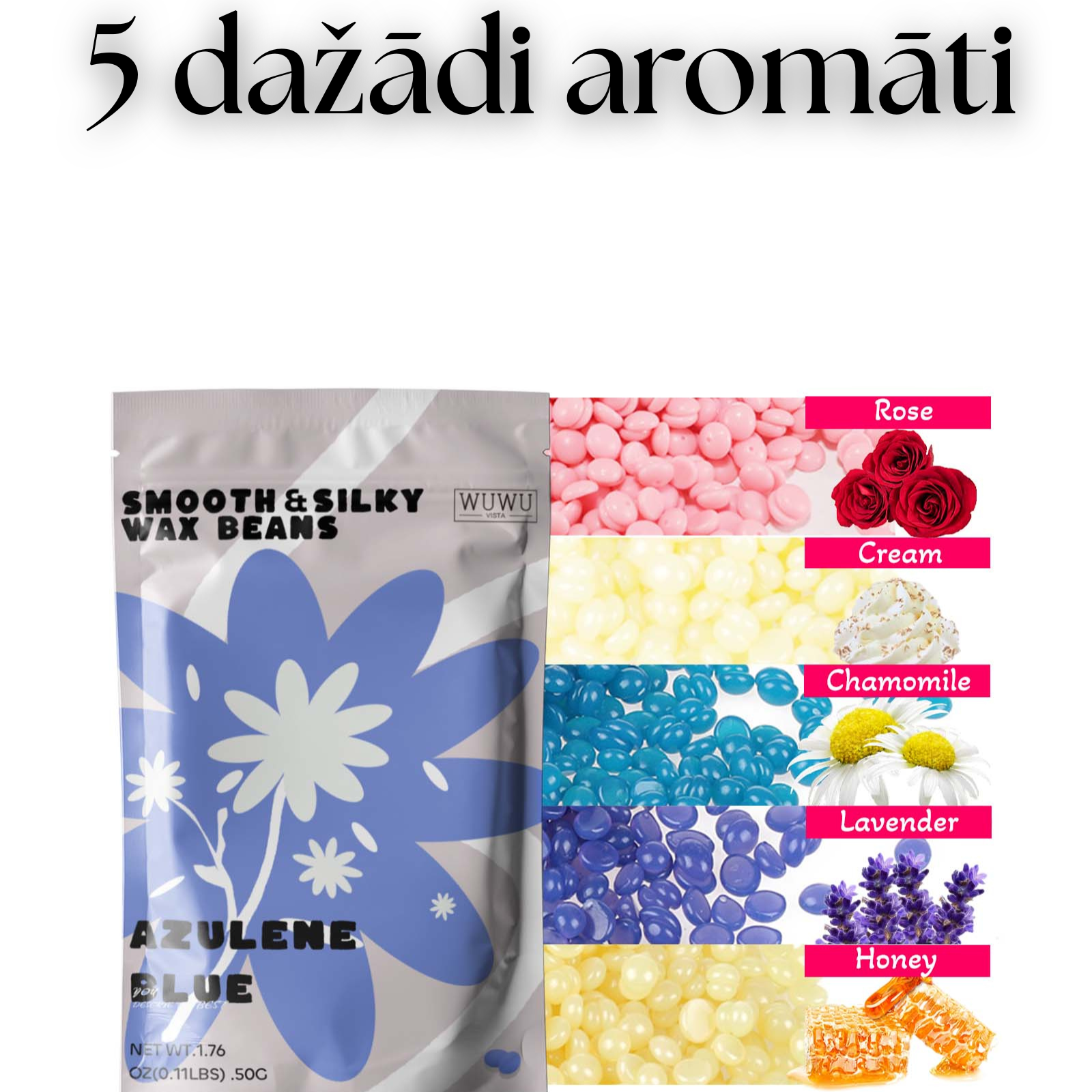 Vaksācijas vasku granulu pieci dažādie veidi.