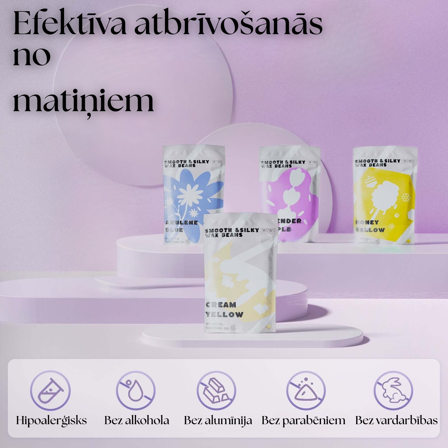 Vaksācijas vaska granulas, krēma dzeltenā, lavandas violetā, azulēna zilā veids. Hipolalerģisks, bez alkohola, bez alumīnija, bez parabēniem, bez vardarbības. 