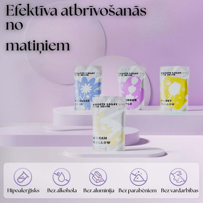 Vaksācijas vaska granulas, krēma dzeltenā, lavandas violetā, azulēna zilā veids. Hipolalerģisks, bez alkohola, bez alumīnija, bez parabēniem, bez vardarbības. 