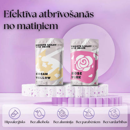 Vaksācijas vaska granulas, krēma dzeltenā un rožu rozā veids. Hipolalerģisks, bez alkohola, bez alumīnija, bez parabēniem, bez vardarbības. 