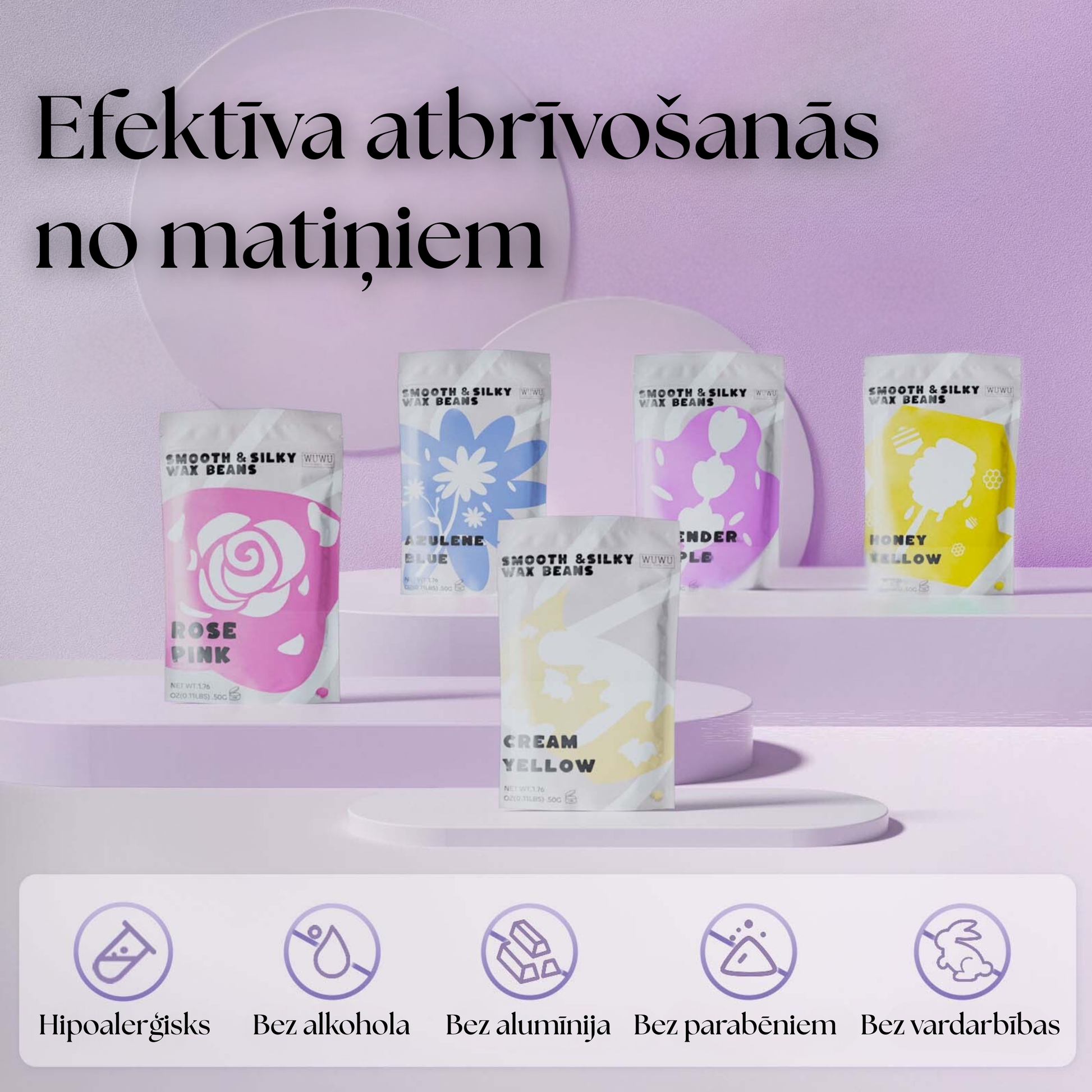 Vaksācijas vaska granulas, krēma dzeltenā, azulīna zilā, medus dzeltenā, lavandas violetā, rožu rozā veids. Hipolalerģisks, bez alkohola, bez alumīnija, bez parabēniem, bez vardarbības.